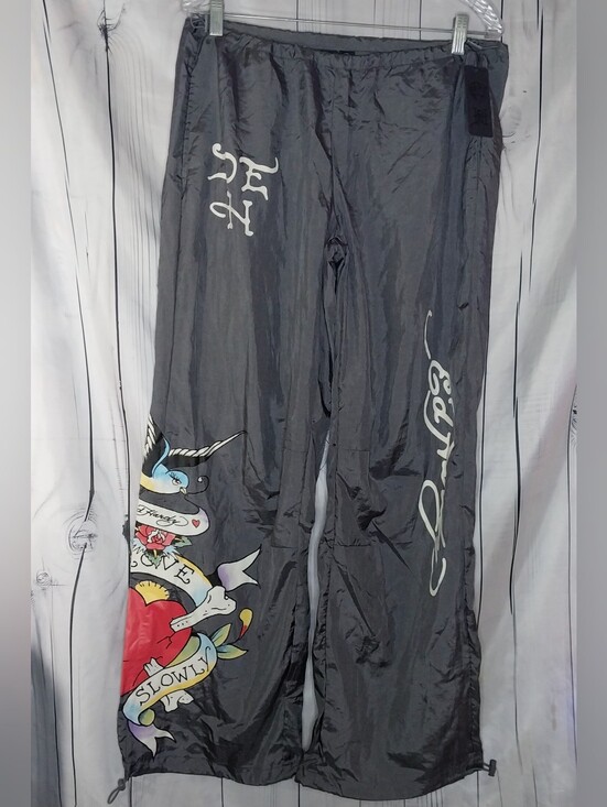 Ed Hardy Pants - Ed Hardy Nylon Baggy Y2K Style Parachute Pants With Tattoo Graphic. NWT